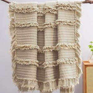 Farmhouse Throw Blanket Boho Cottage Decor Soft Decorative Beige Quilted Cover